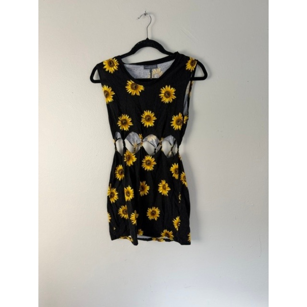 Kendall & Kylie Sunflower Print Cutout Waist Sleeveless Mini Dress Black Small